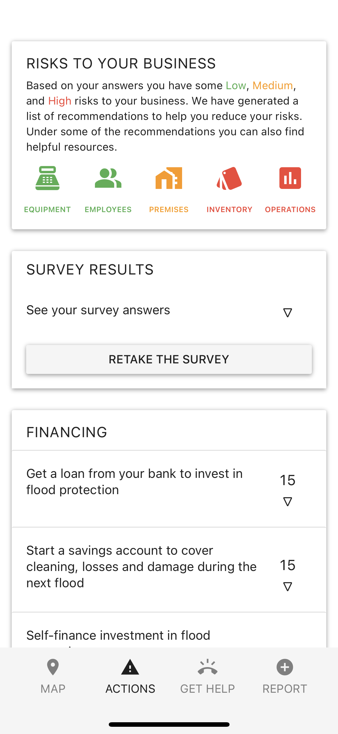 āRisks to Your Businessā summary card showing Low/Medium/High risk categories with corresponding icons for Equipment, Employees, Premises, Inventory, and Operations, plus collapsible Survey Results and financing recommendations.
