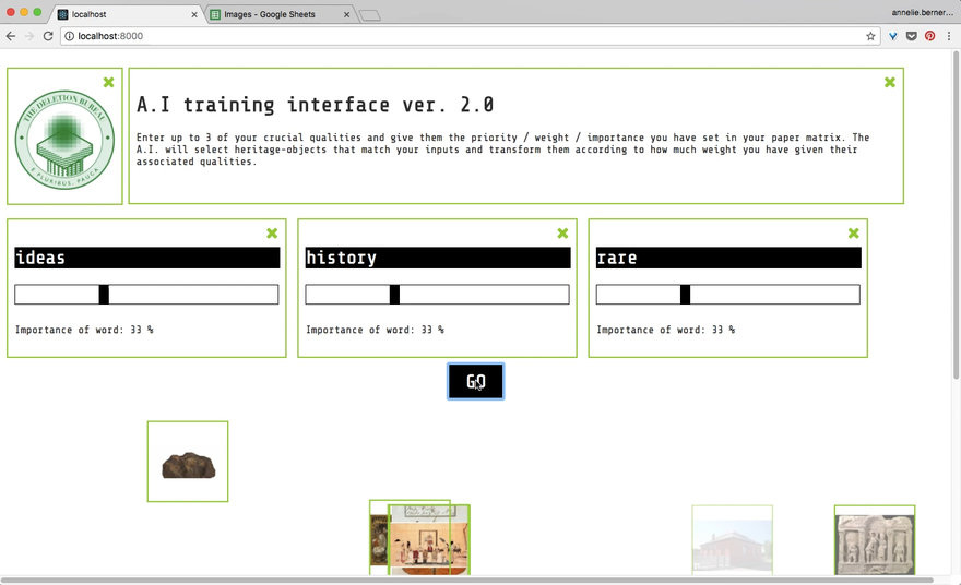 Browser-based AI training interface v2.0 with three sliders for āideas,ā āhistory,ā and ārare,ā each set to a weight, illustrating the d3.jsādriven interactive simulation for configuring deletion criteria.