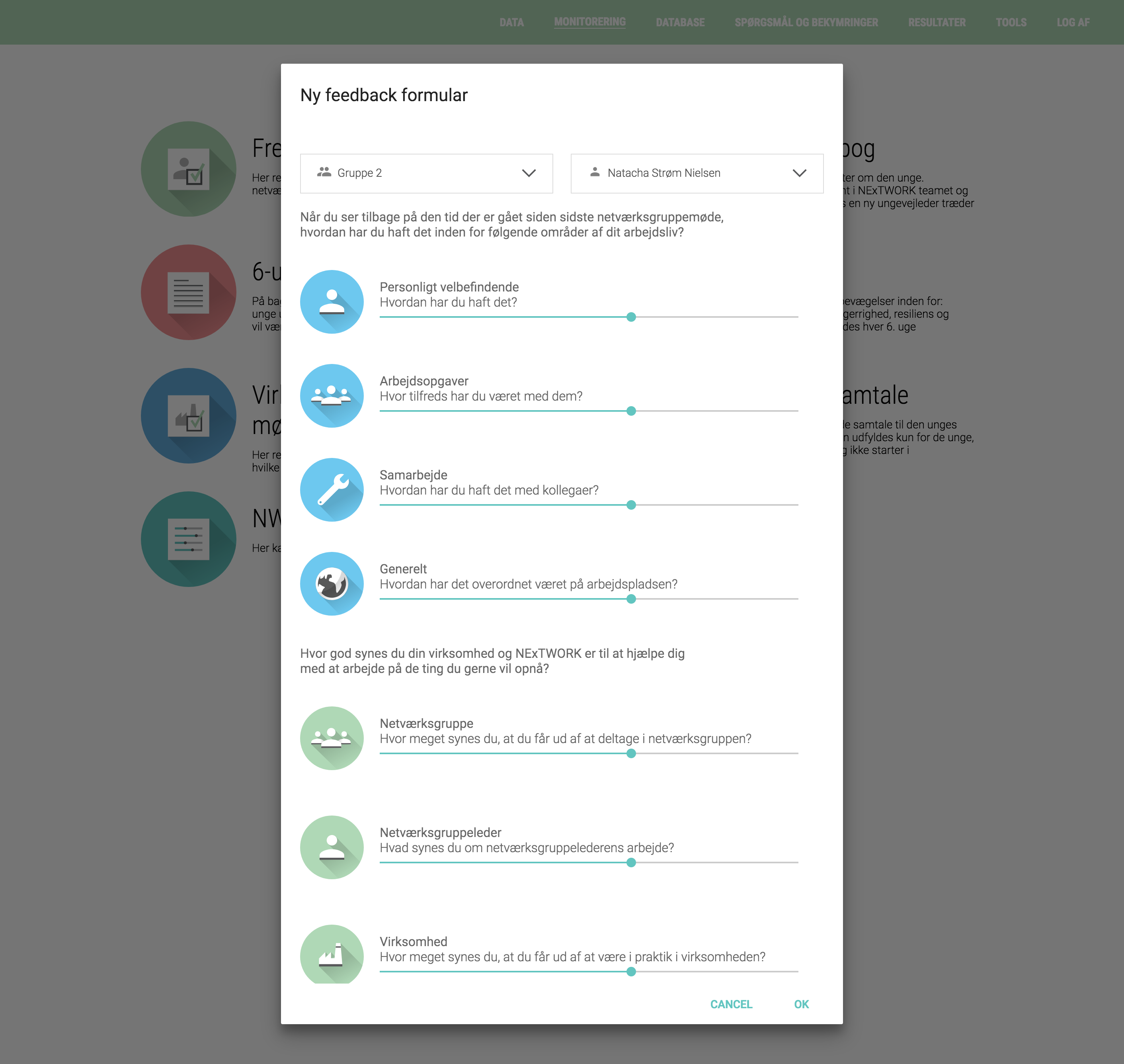 āNy feedback formularā modal overlay (TOOLS tab) with dropdowns for group and coach, followed by sliders for āPersonligt velbefindende,ā āArbejdsopgaver,ā āSamarbejde,ā āGenerelt,ā and more questions about network-group and company experience.