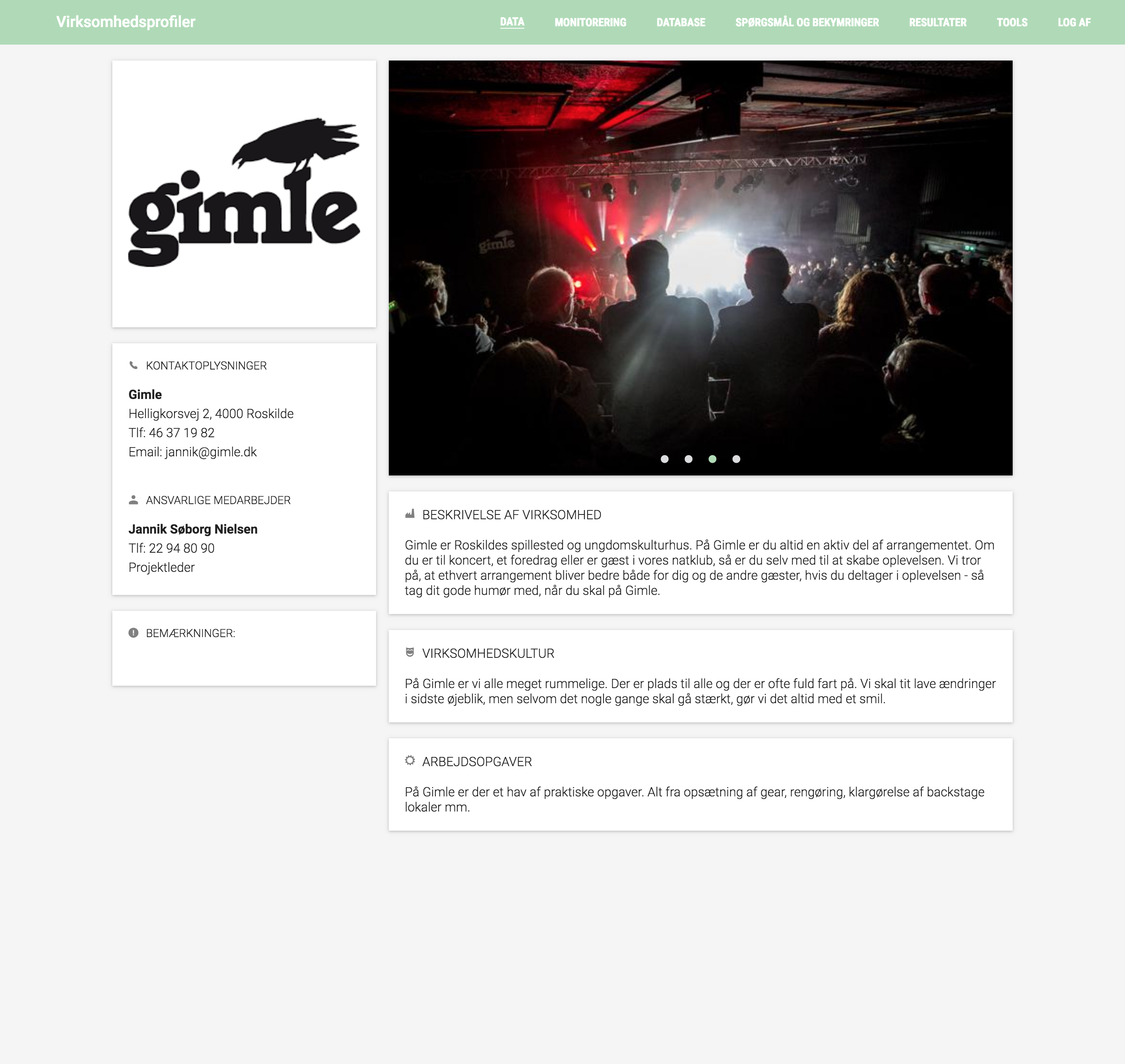 āVirksomhedsprofilerā details view (RESULTATER tab) for a partner company āGimle,ā showing the company logo, contact information, responsible staff card, remarks, a large image carousel of the venue, and panels for company description, culture, and tasks.