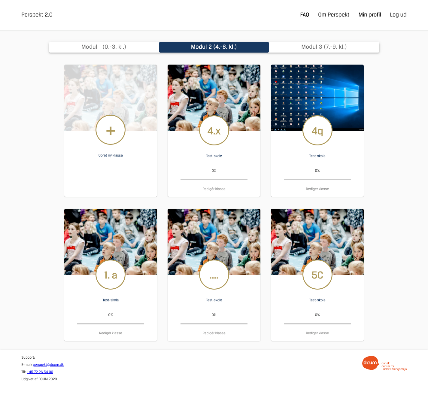 Module selection dashboard (āMin profilā) showing three tabs for Modul 1 (0.ā3. kl.), Modul 2 (4.ā6. kl.), Modul 3 (7.ā9. kl.), and a grid of class cards (including āOpret ny klasseā and sample classes 4.x, 4q, 1.a, 5c) with progress bars and āRedigĆ©r klasseā links.
