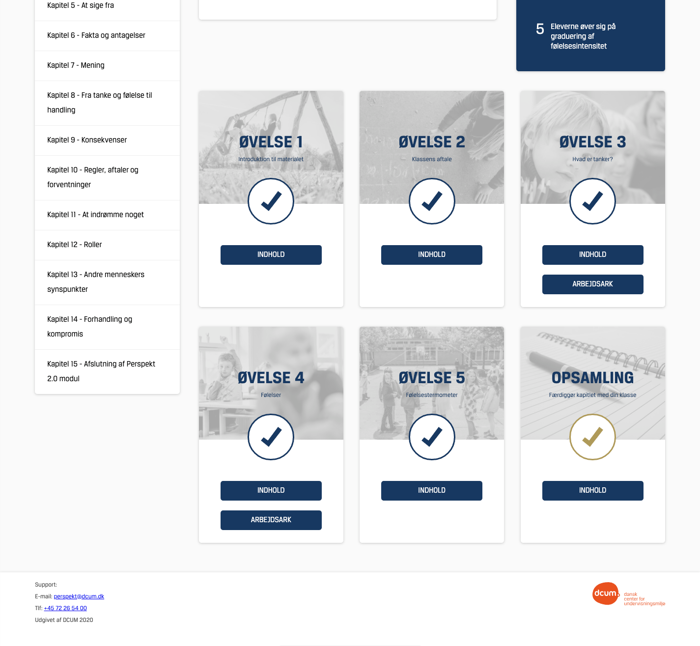 Completed-state view of the chapter exercises with checkmarks overlay on Ćvelse 1ā5 (blue) and Opsamling (gold) cards, indicating which activities have been finished by the class.