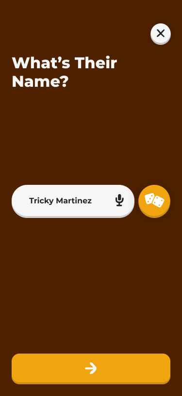 First step in the character creation flow in Superland, where users pick a name for their character. The screen is designed to be engaging and user-friendly.