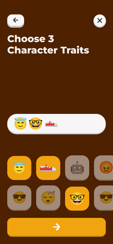 The user selects traits for their character in Superland. The traits are presented as emojis, making the selection process fun and to add some randomeness to the backstory.
