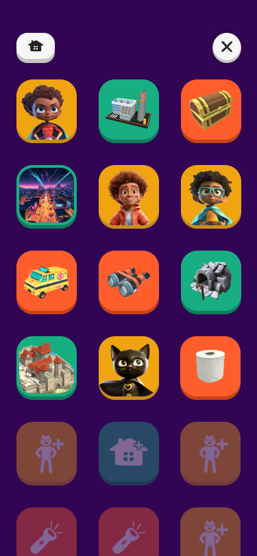 an overview of all the characters, objects, and locations created by the user in Superland. Here the user can also relisten to the backstory of the character they created.