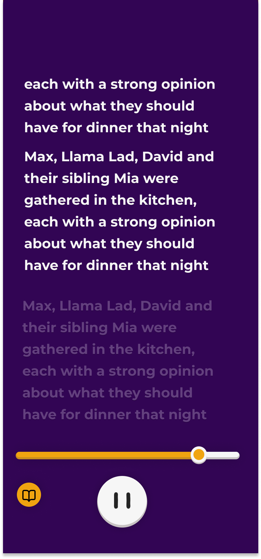 In V2 we added a read along feature, where the user can listen to the story while reading along with the text. This screen shows the player UI for the read along feature.