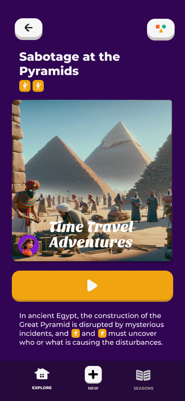 This is the story view for one off stories. Here the user can see witch inputs are required, and get an overview of the story they are about to create. The user can also see past stories they have created, and relisten to them.