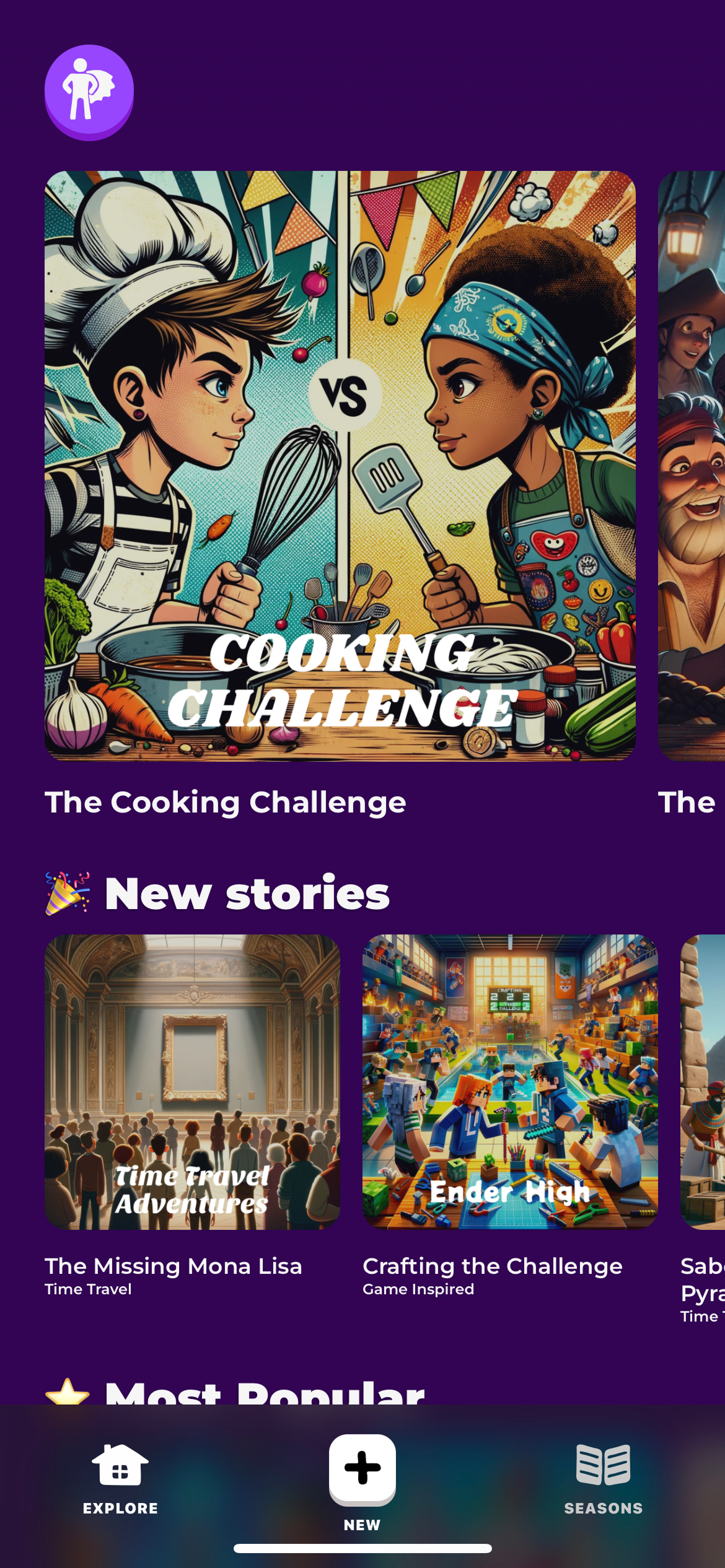 This is the homescreen for V2 of the superland. Here the users is presented with all the one off stories they can create, they can create new characters, objects, and locations, and they can also navigate to season to access the snake.